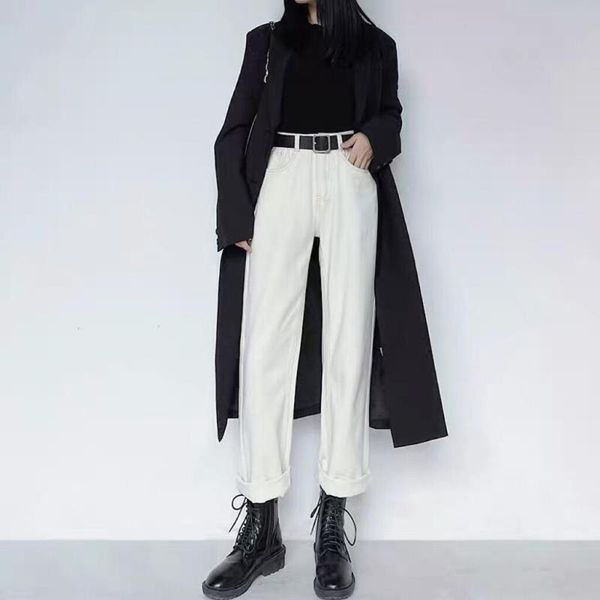 

women's jeans korean style ladies straight leg trousers 3xl plus size casual high waist denim pants women chic loose white, Blue