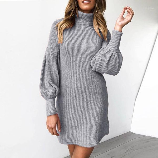 

casual dresses turtleneck long sleeve sweater dress women autumn winter loose tunic knitted pink gray clothes solid 20211, Black;gray