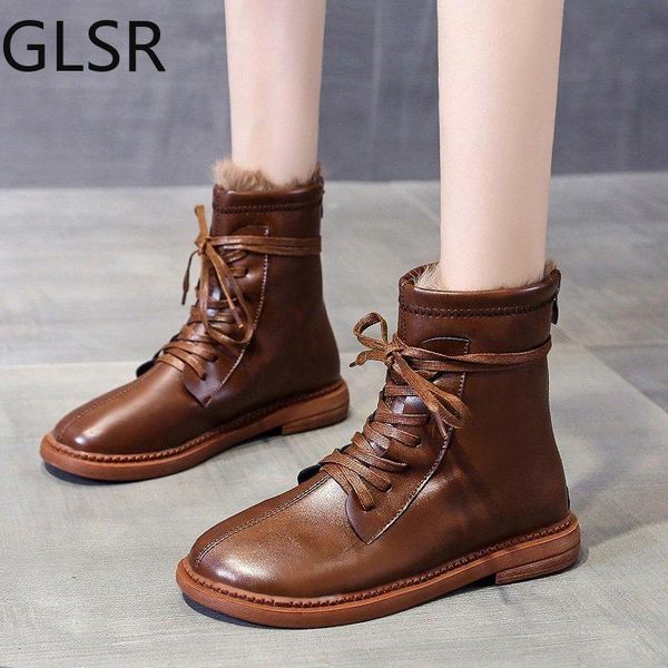 

boots lace-up black short women fur leather plush lining warm winter furry boot ladies fashion low heels ankle