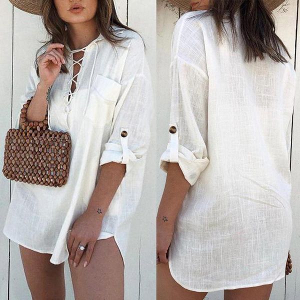 

linen cotton shirt autumn celmia women long shirts fashion lace up blouse casual long sleeve lapel loose solid s-5xl blusas1, White