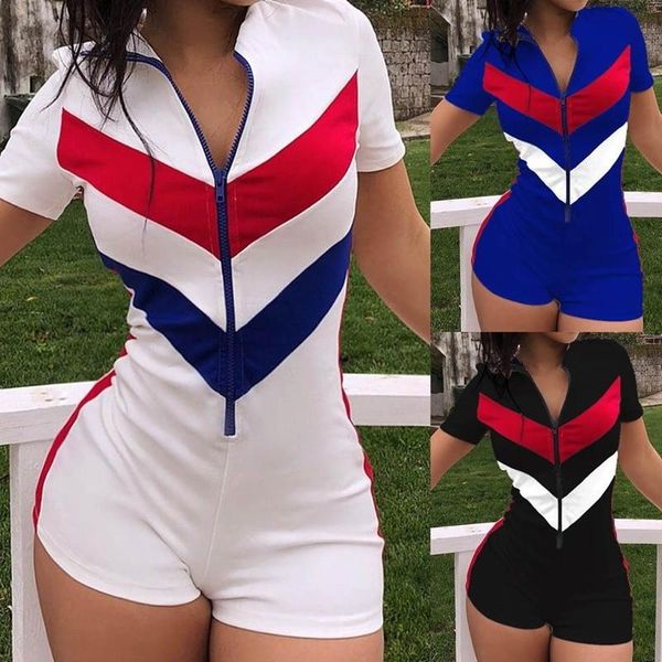 

women's jumpsuits & rompers 2021 jumpsuit striped patchwork playsuit romper women deep v-neck front zipper short sleeve bodycon sports, Black;white