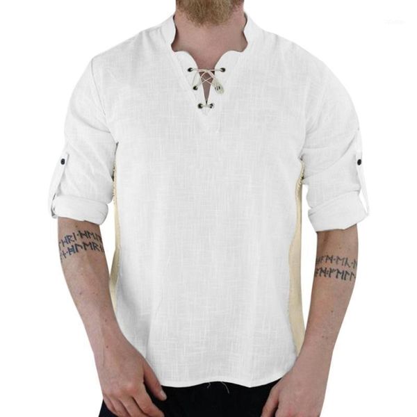 

men's t-shirts men's retro linen blend patchwork shirts long sleeve drawsting casual plus size creative harajuku blouses #bl41, White;black