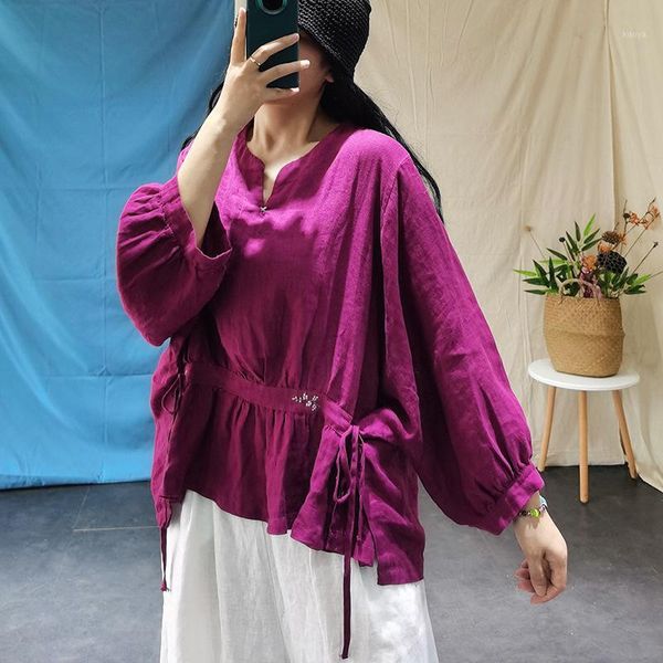 

women autumn linen embroidered bat sleeve blouse ladies loose solid color flax shirt female 2020 shirts1, White