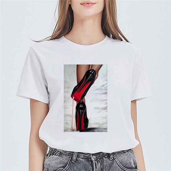 

women t shirt summer short sleeve casual white t-shirts high heel printed female graphic tees vintage streetwear girl top