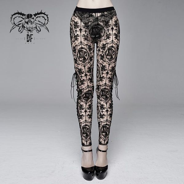 

women's leggings devil fashion gothic lace perspective hollow club trousers, Black