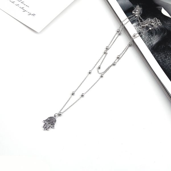 

simple style double layer small alloy beads hamsa hand chain necklaces for women party diy jewelry femme bijoux colliers gifts, Silver