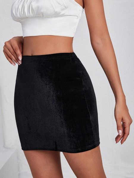 

solid velvet bodycon skirt r1hn#, Black