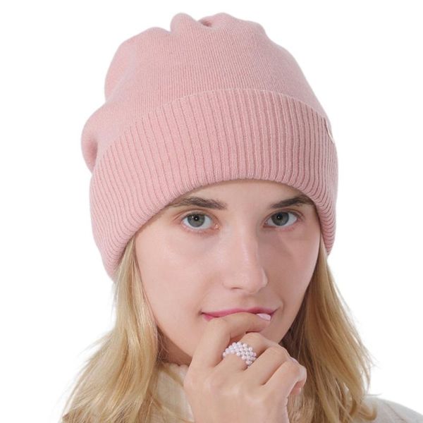 

beanie/skull caps women double layer knit slouchy beanie hat solid color metal logo warm skull cap, Blue;gray