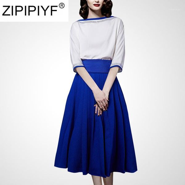 

2 pieces skirt suits women 2019 summer casual o-neck half sleeve shirt & solid knee-length skirt office set q9301, White