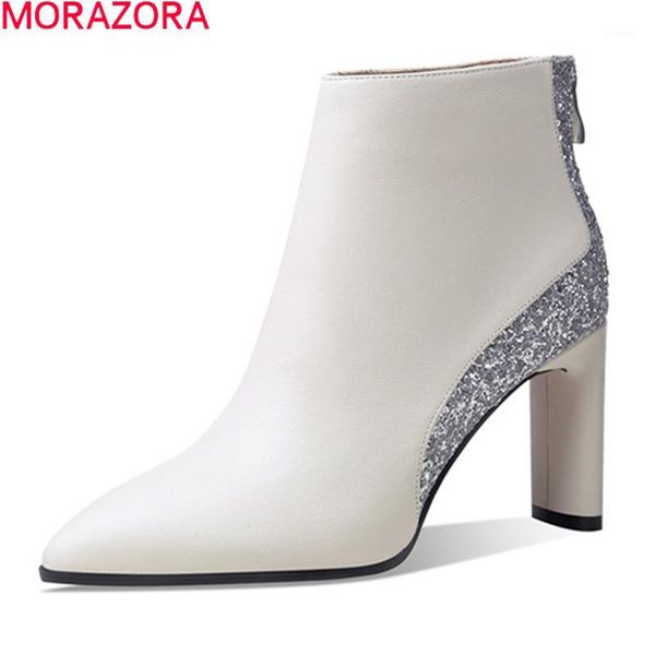 

boots morazora 2021 genuine leather women thick high heels pointed toe mixed colors ladies shoes autumn winter ankle boots1, Black
