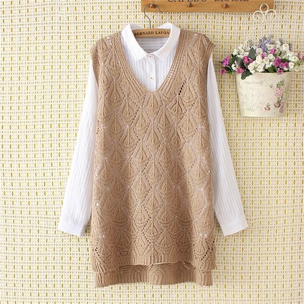 

women spring autumn sweaters solid color vintage v neck sleeveless hollow out knitted long oversized vest for female y201128, White;black