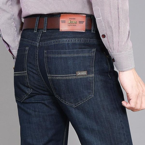 

men classic smart casual long jeans cotton thin business straight jeans male stretch black blue formal denim pants 51299