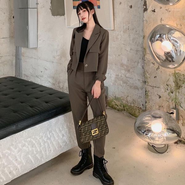 

2020 fashion autumn women harem pant suits 2 piece set for female short blazer jacket & trouser elegant office ladies suit ws2451, Gray