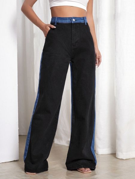 

high waist color block wide leg jeans m1ux#, Blue