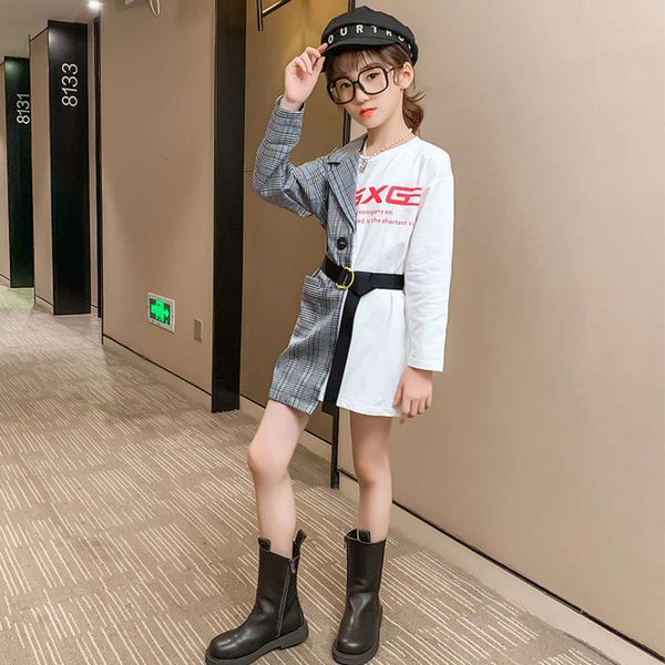 

autumn 2020 girls' new children's foreign sle plaid skirt stitched shirt drs belt net red, White;black