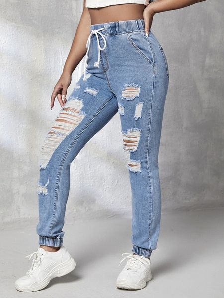 

high waisted ripped drawstring waist jeans n3lf#, Blue