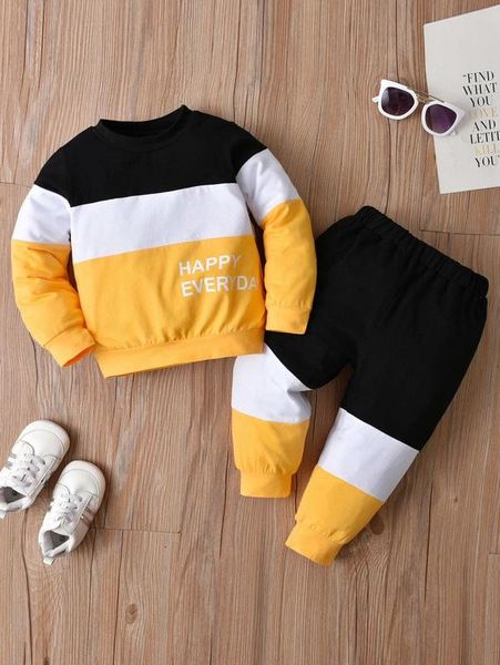 

baby boy letter graphic color block pullover & sweatpants she, White