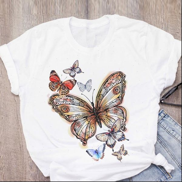 

women graphic butterfly cute fashion print short sleeve summer lady t shirt womens clothing tees female t shirt, White