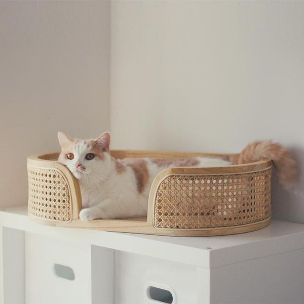 

handmade rattan cat bed solid wood cat house breathable