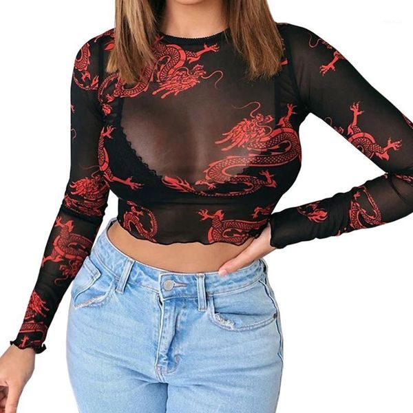 

dragon pattern cropped summer boob tube long sleeve women transparent mesh tshirt comfortable t-shirt pullovers 20201, White