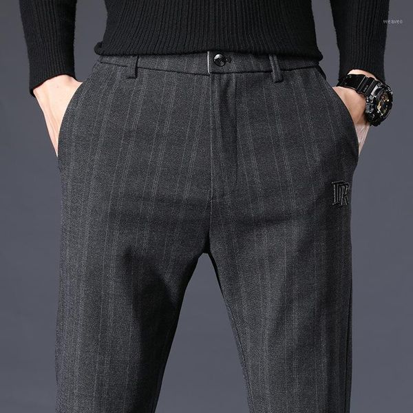 

icpans striped dress pants men wool elastic waist regular office business formal trousers for men clothing1, Black