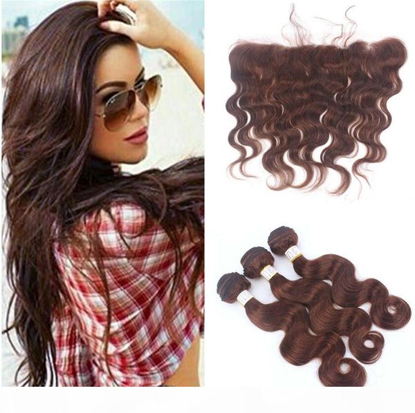 

#4 middle brown lace frontal with bundles chocolate brown body wave human hair weaves ear to ear lace frontal with bundles, Black;brown
