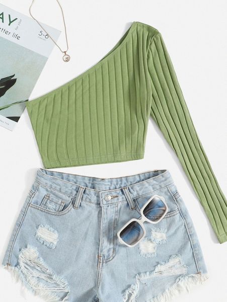 

one shoulder rib-knit crop 68eo#, White