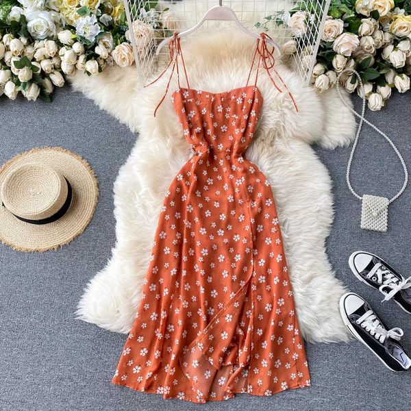 

singrain korean daisy print strap dress women elastic ruched sleeveless split party dress summer off shoulder boho beach, Black;gray