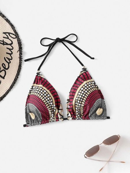 

plus geo print halter triangle bikini f4mr#, Black