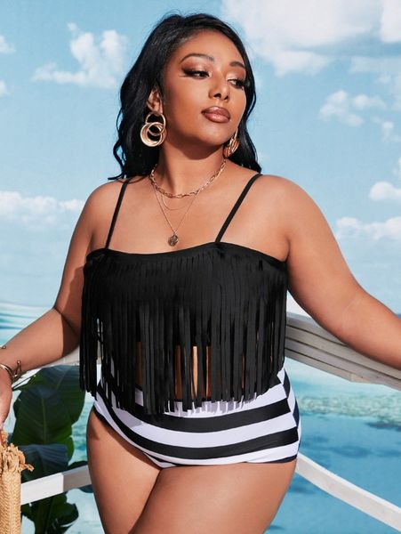 

plus striped fringe hem bikini swimsuit w2la#, Black