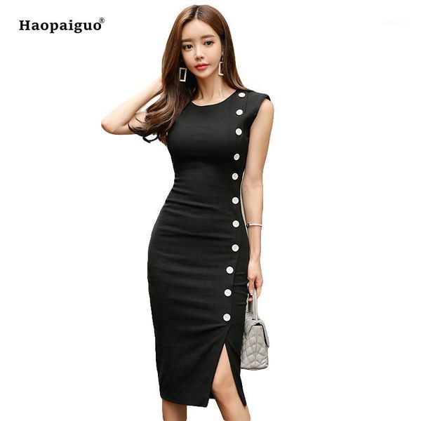 

2018 solid pencil dress summer women black sleeveless tank o-neck knee-length elegant office lady dress vintage ladies dresses1, Black;gray