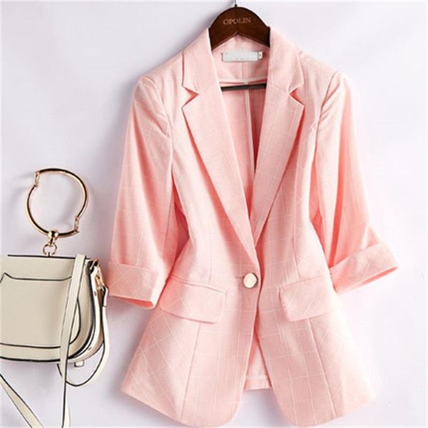 

women 's suit cotton and linen blazer female summer casual slim five-point sleeve thin linen plaid suit office work coat, White;black