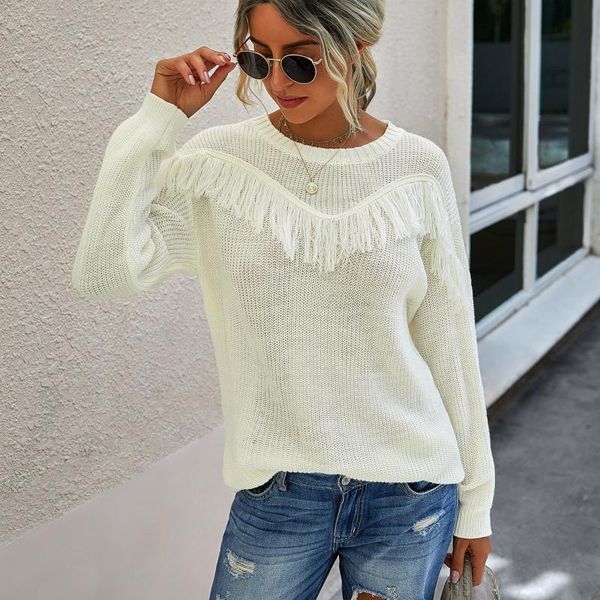 

women's sweaters 2021 women fashion stitching tassel o-neck sweater long sleeve autumn casual streetwear pull femme, White;black