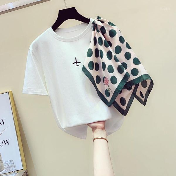 

elegant women's short sleeves dot scarves patchwork cotton t-shirt tee 2020 summer female pullover casual tees a27351, White