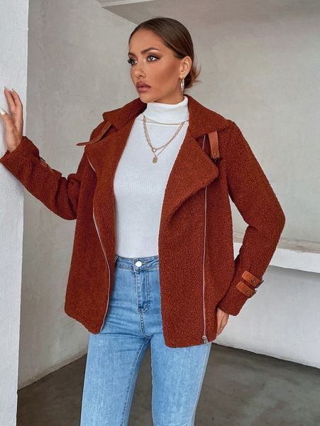 

buckle zip up teddy moto jacket e3qx#, Black;brown