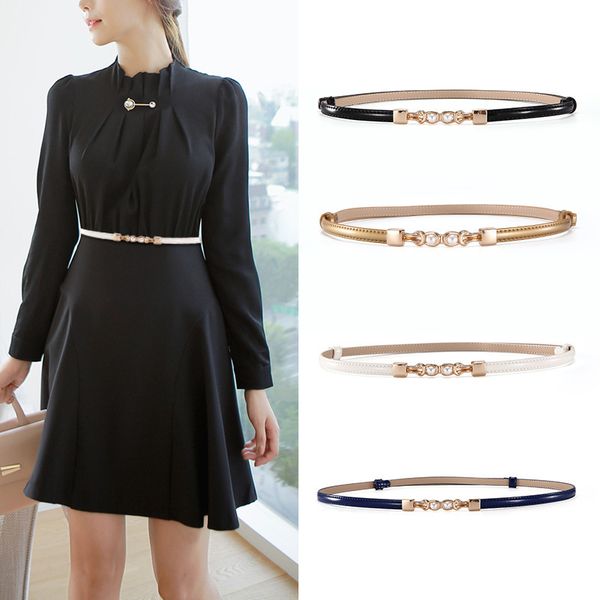 

2019 new skinny belt for female narrow cowhide waist belts for women dress strap with pearls golden buckle genuine leather belt, Black;brown