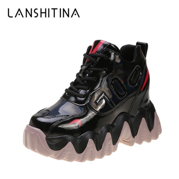 

chunky sneakers women spring thick sole platform vulcanize shoes woman lace up casual footwear 10cm leather shoe high heels 201201, Black