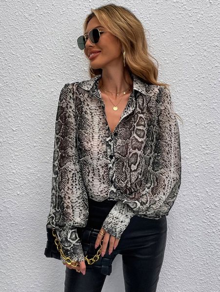 

snakeskin print bishop sleeve blouse 57fs#, White