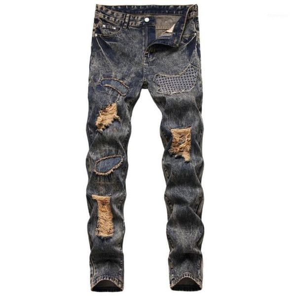 

2020 europe jeans men patch hole personality plus size 7xl denim pants man straight jeans w11471, Blue