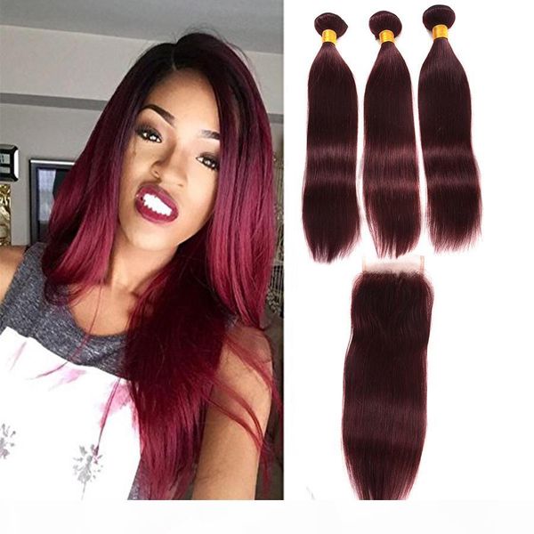 

9a malaysian burgundy virgin hair with closure 4pcs lot 99j wine red silk straight human hair weaves with part 4x4'' lace clo, Black;brown