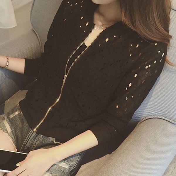 

fashion women bomber jacket long sleeve lace sunscreen shirt short summer thin coat casual coat new, Black;brown