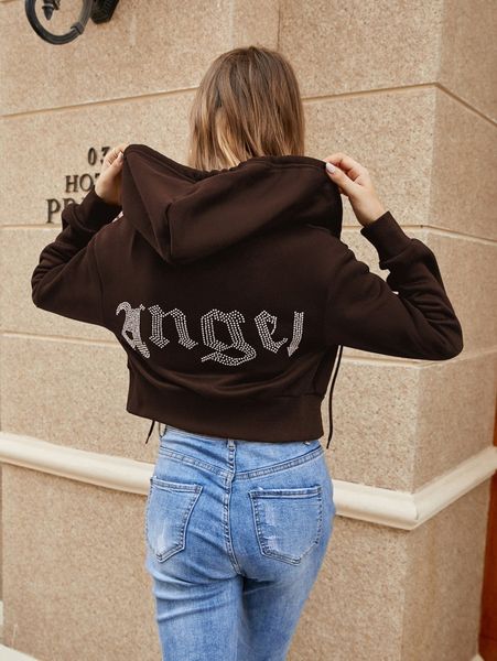 

rhinestone letter pattern drawstring zip up crop thermal hoodie i9hh#, White;black