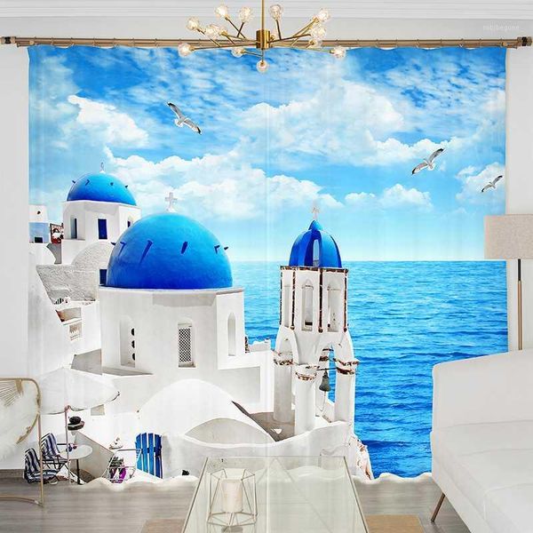 

curtain & drapes blue sky beach building seagull 2 panels/set window curtains japan anime blockout po print fabric1