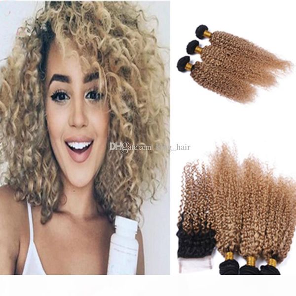 

dark root kinky curly ombre honey blonde 1b 27 hair bundles with lace closure ombre #1b 27 hair weaves with closure 4pcs lot, Black