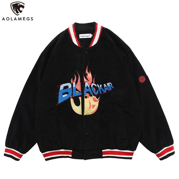 

aolamegs corduroy jacket coats flame print letter patch baseball jacket men harajuku hip hop cozy loose couple streetwear autumn 201218, Black;brown