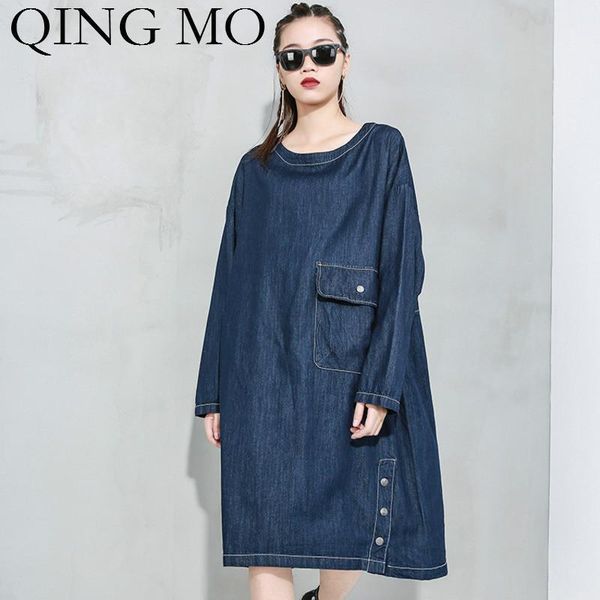 

qing mo black blue women denim dress 2020 women vintage loose dress female personality pullovers zqy36241, Black;gray