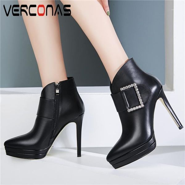 

boots verconas fashion women ankle autumn winter shoes woman rhinestone buckle zip thin heels genuine leather platform boots1, Black