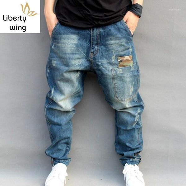 

blue hole ripped baggy men hip hop streetwear skateboarder denim pants men's loose fit plus hiphop jeans size s-4xl1