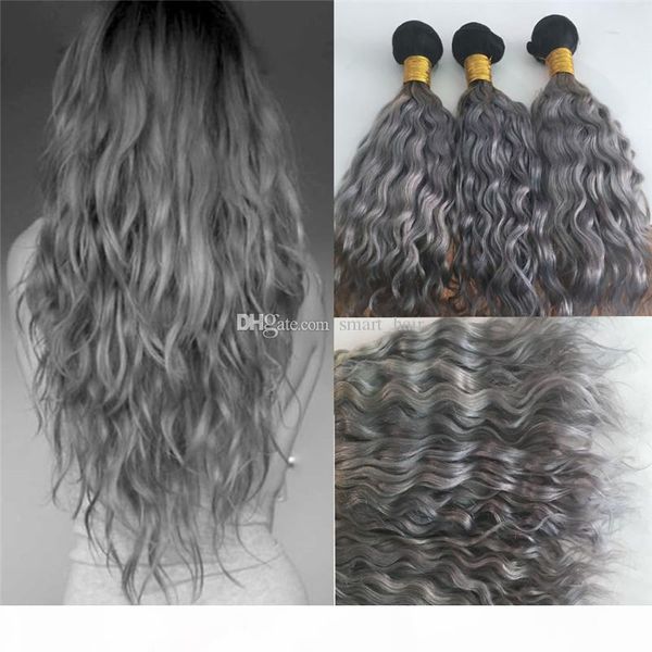 

new arrival ombre color 1b grey human hair bundles two tone brazilian virgin hair weft 1b grey water wave hair extension 3bundles, Black