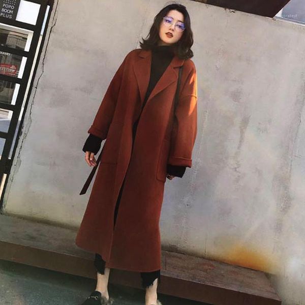 

korean fashion belt women long cashmere coat hepburn loose office lady women's woolen jacket pockets elegant female outwear1, Black